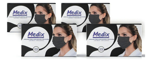 Kit 4 Mascaras Medix Preta C/elastico C/50 Unidades C/anvisa Cor Preto