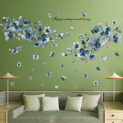 Acuarela Azul Ramas Florales Calcomanías De Pared Tinta Flor