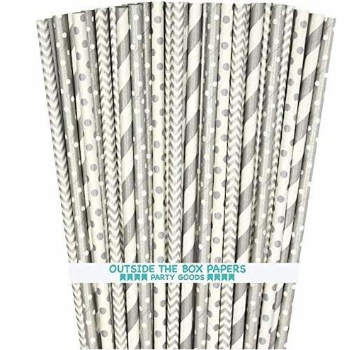 Paper Straws - Silver And White - Stripe Chevron Polka Dot -