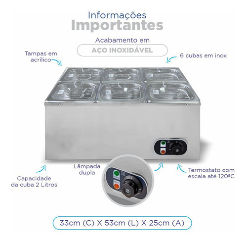 Rechaud Retangular 12 L Com 6 Cubas 1/6 Aço Inox Zprc06