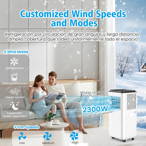 FAGHTO Aire Acondicionado Portátil 8000btu/h Con Deshumidificación Y Control Remoto 24h Temporizador 3 Modos Y Modo De Sueño 3 Velocidades Refrigerante R32