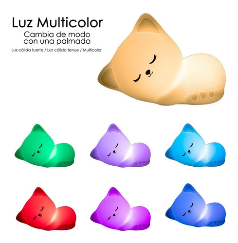 Lampara Velador Infantil Gato Silicona Multi Colores Led