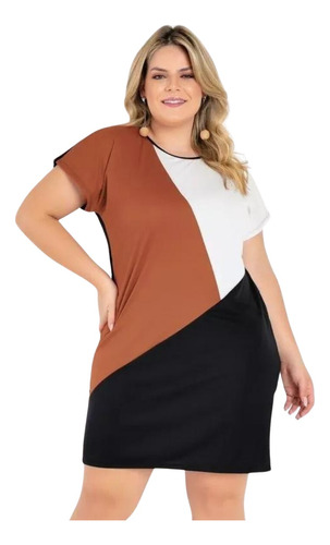 Vestido Plus Size Feminino Com Recortes Tricolor Manga Curta