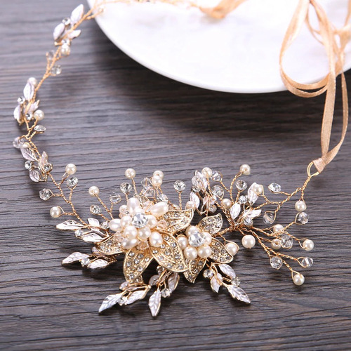 Tiara Tocado Novia Corona Perlas Flores Xv Boda Nupcial