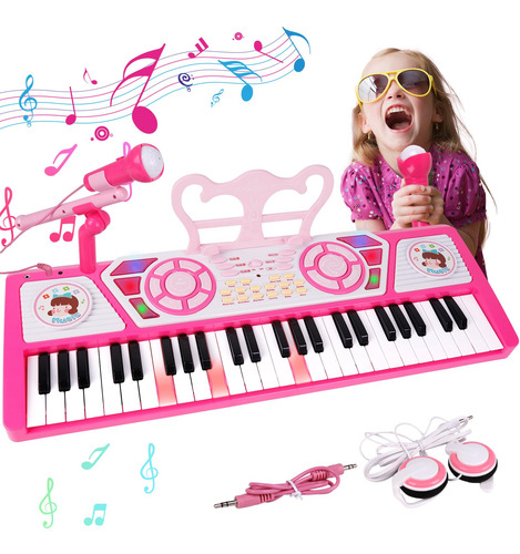 Piano Electrónico 49 Teclas Para Niños Con Micrófono Rosa