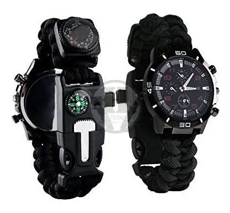 Reloj Tactico Militar Cordon Negro Brujula Pedernal Silbato