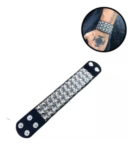 Bracelete Pulseira Prateado Rock In Roll Preta Rebite Couro Diâmetro 21 Cm