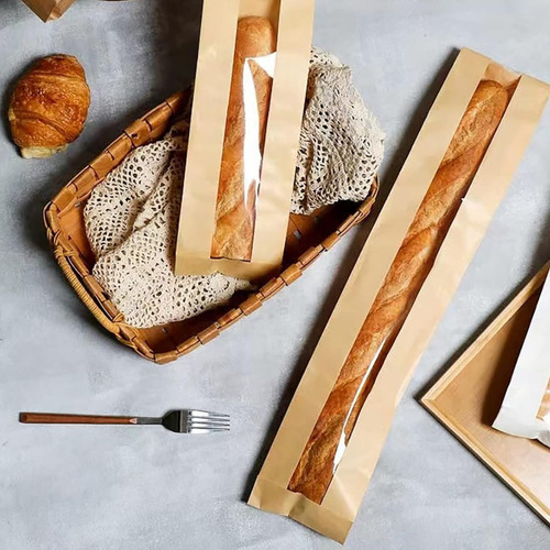 100 Bolsas Baguette Ventana Central Kraft Microperforada Café Con Ventana Central