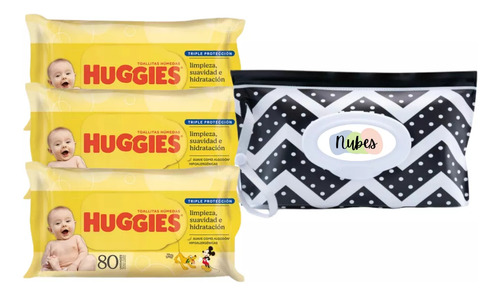 Combo X3 Paquetes De Toallitas Húmedas Huggies Hipoalergénicas Triple Protección Con Extracto De Manzanilla X80 Unidades Con Un Porta Toallitas Nubes Con Estampa Chrevron