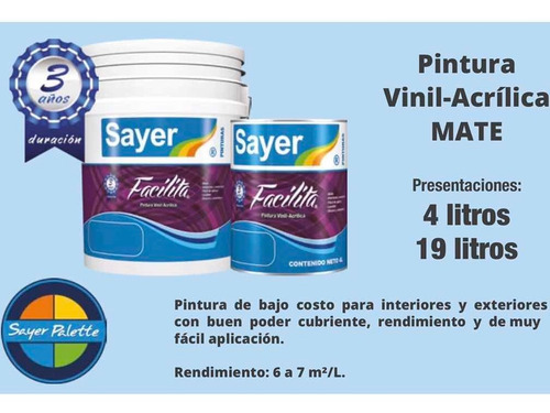 Imagen 4 de 4 de Cubeta Pintura Vinilica Lavable 19lt Blanco Acrilica Sayer