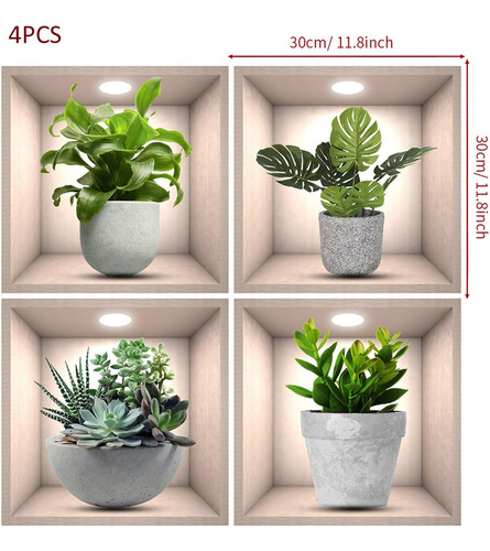 4 Pegatinas De Pared Con Plantas Verdes En 3d Para Decoració