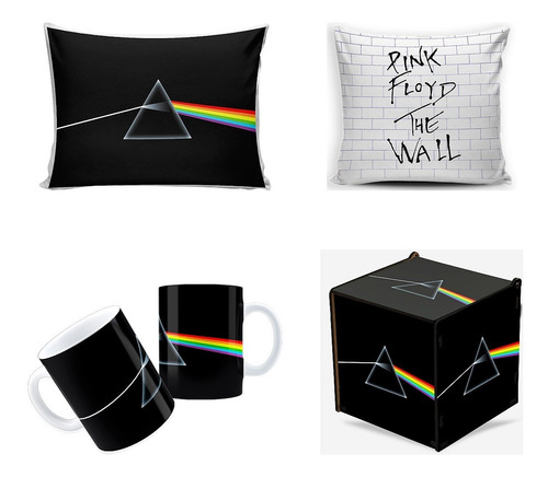 Kit Presente Bandas De Rock Pink Floyd 2 Almofadas E Caneca Com Caixa Mdf