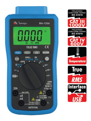 Imagem 5 de 5 de Multímetro Automotivo Ma-120a Cat Iv 600v Usb - Minipa