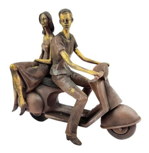 Escultura Casal Na Lambreta Marrom 28x30x11cm Moto