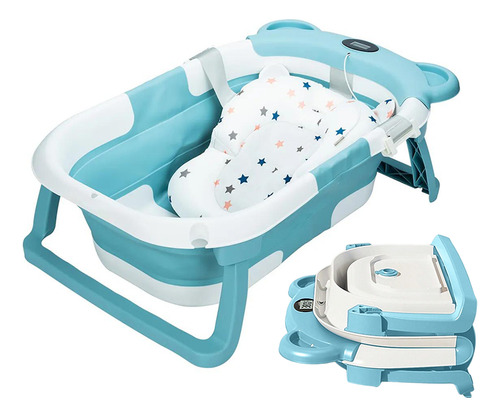 Bañera Tina Baño Bebe Plegable Portátil Con Cojín Termometro Celeste Lisa