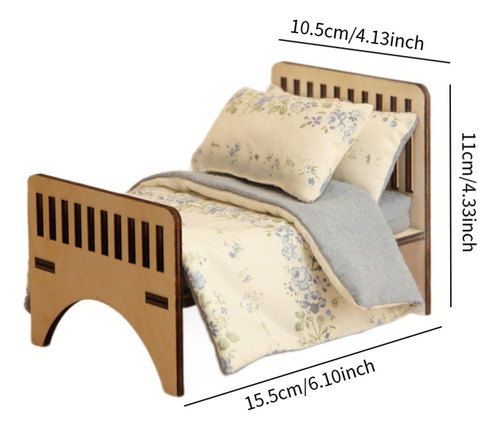 Cama De Madera En Miniatura De Casa De Muñecas Con Floral