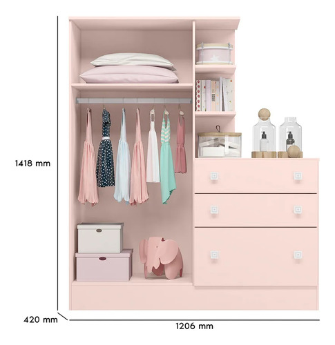 Guarda Roupa Conjugado Com Cômoda Infantil Para Quarto Rosa