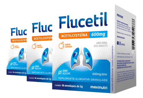 Kit 3 Flucetil Acetilcisteína Maxinutri 16 Sachês Laranja