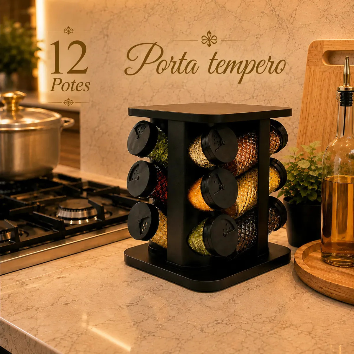 Porta Temperos Condimentos Giratório 360° 12 Potes De Vidro Dosador Preto  Organizador Cozinha Bancada Mesa Redondo Premium Orvell