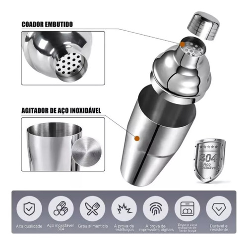 Kit Bartender Abridor Garrafa Manual Mixagem Inox Completo Cinza