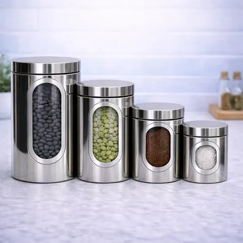 Jogo De Potes Porta Mantimentos Em Aço Inox C/ Visor​ 4 Peças Prateado