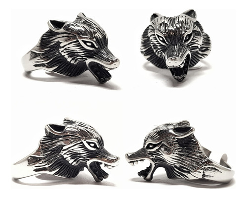 Anillo Cabeza Lobo Nordico En Acero Quirurgico 316 Inox. Plateado 19mm