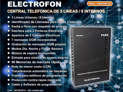 Central Telefonica  Electrofon  Mod. Pbx308-22, 3 Lineas, 8 