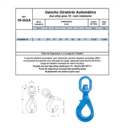 08un. Gancho Giratório Automático Grau 10 13mm 6700kg