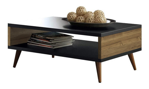 Mesa De Centro Para Sala De Estar - Duas Cores - Com Nicho Cor Preto