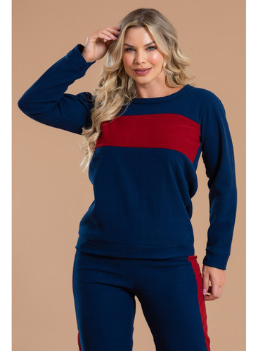 Pijama Feminino Soft Inverno Marinho Com Bordô