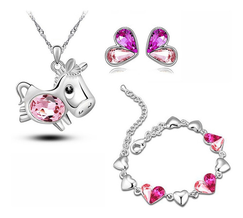 Set Caballo Collar Pendientes Pulsera Oro 18kgp Cristal Rosa