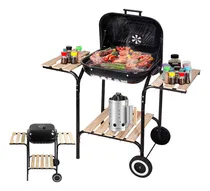 Comprar Sangkee K10135 asador de carbón 47cm x 45cm parrilla grill para ahumador al aire libre con mesas auxiliares 3 estantes de almacenamiento de madera con ruedas color negro