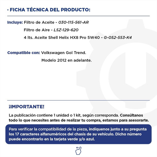 Imagen 2 de 10 de Kit Filtro Aceite + Aire Vw Gol Trend + Aceite Shell 5w40 4l