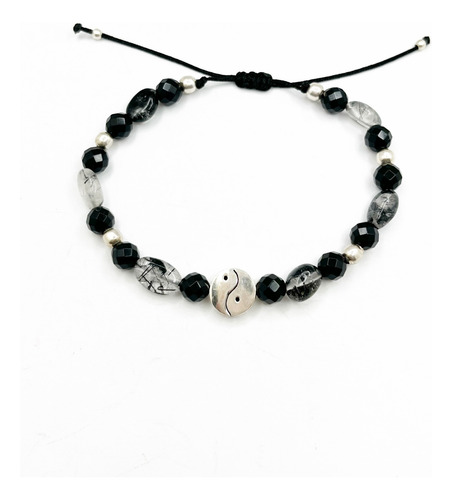 Pulsera De Hilo Cuarzo Turmalina Negra Y Ónix Plata Ley .925 Yin Yang 6 Cm 21 Cm