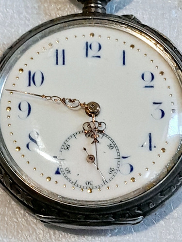 Reloj De Bolsillo Remontoir Plata Cuadrante Porcelana Oro