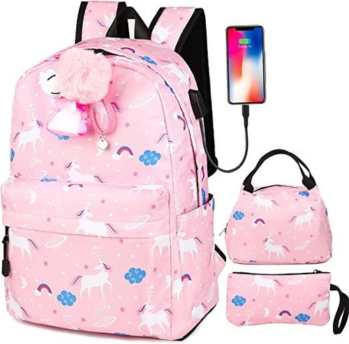 Mochila Escolar, Bolsa Almuerzo Estuche Lapices Llavero Rosa