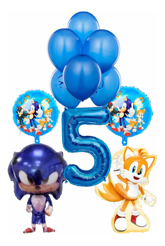 Pack 35 Globos De Sonic Incluye Muñeco Gde Y Número 80 Cm