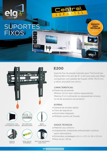 Imagem 3 de 6 de Suporte Tv Led/3d/4k De 19 Á 42 Fixo ELG E200 Vesa 200x200mm