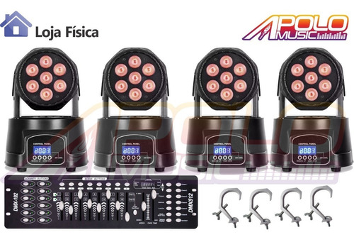 Kit 4 Mini Moving Wash 7x12w + Mesa Dmx + Garras Loja Fisica