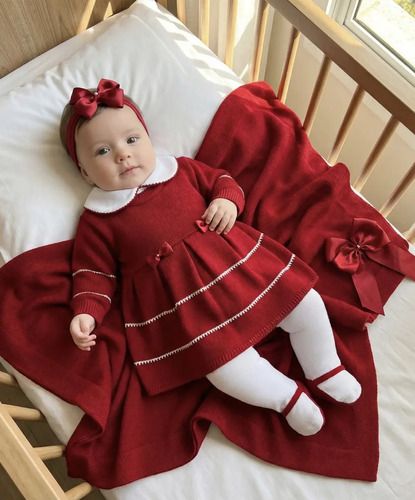 Saída De Maternidade Vermelha Menina Em Tricô Vermelho 0 A 3 Meses