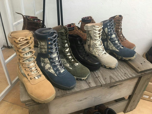 Bota Militar Táctica Gamuza Azul Y Lona Impermeable