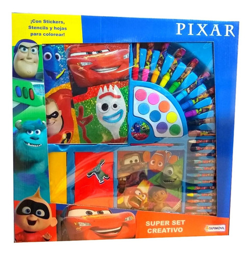 Super Set Creativo Escolar Pixar Acuarelas Stickers Original