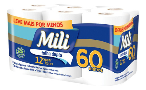 Papel Higienico Mili Dual 60m Folha Dupla Neutro 12 Rolos