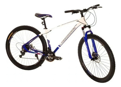 Mountain bike Lamborghini 217135 R29 S frenos de disco mecánico cambio Shimano TZ31 color blanco/azul con pie de apoyo  