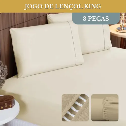 JOGO DE LENÇOL CAMA KING 03 PEÇAS 400 FIOS PONTO PALITO COR PALHA DESENHO DO TECIDO LISA