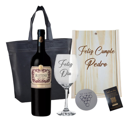 Regalo Caja Madera Vino Rutini + 1 Copa Vidrio + Grabado 