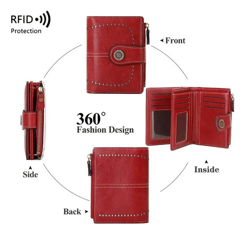 Billetera Corta De Mujer, Con Tres Pliegues Ecocuero Rojo