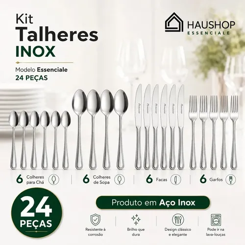 Faqueiro Inox 24 Peças Essenciale Haushop Jogo De Talheres Conjunto Mesa Posta Premium Resistente