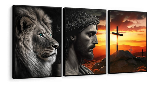 Quadros Decorativos Leão De Judá E Jesus Cristo Luxo Moldura