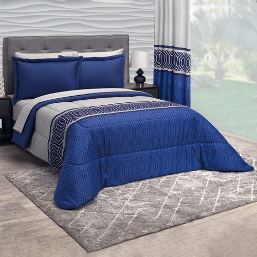 Edredon King Size Con Juego De Sabanas Beige Azul Lugo